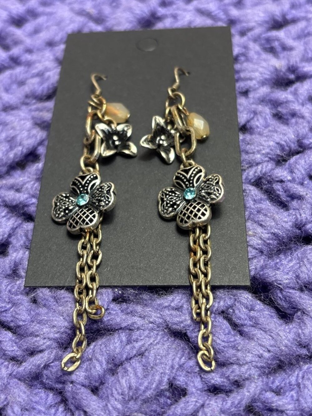 Vintage Silvertone Chain Tassel Dangle Earrings Flowers Blue Rhinestone 3 inches